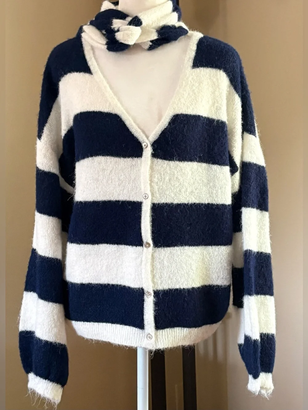 5/$30 wild fable Navy and White Striped V‑Neck Sweater with Choker Detail NWT